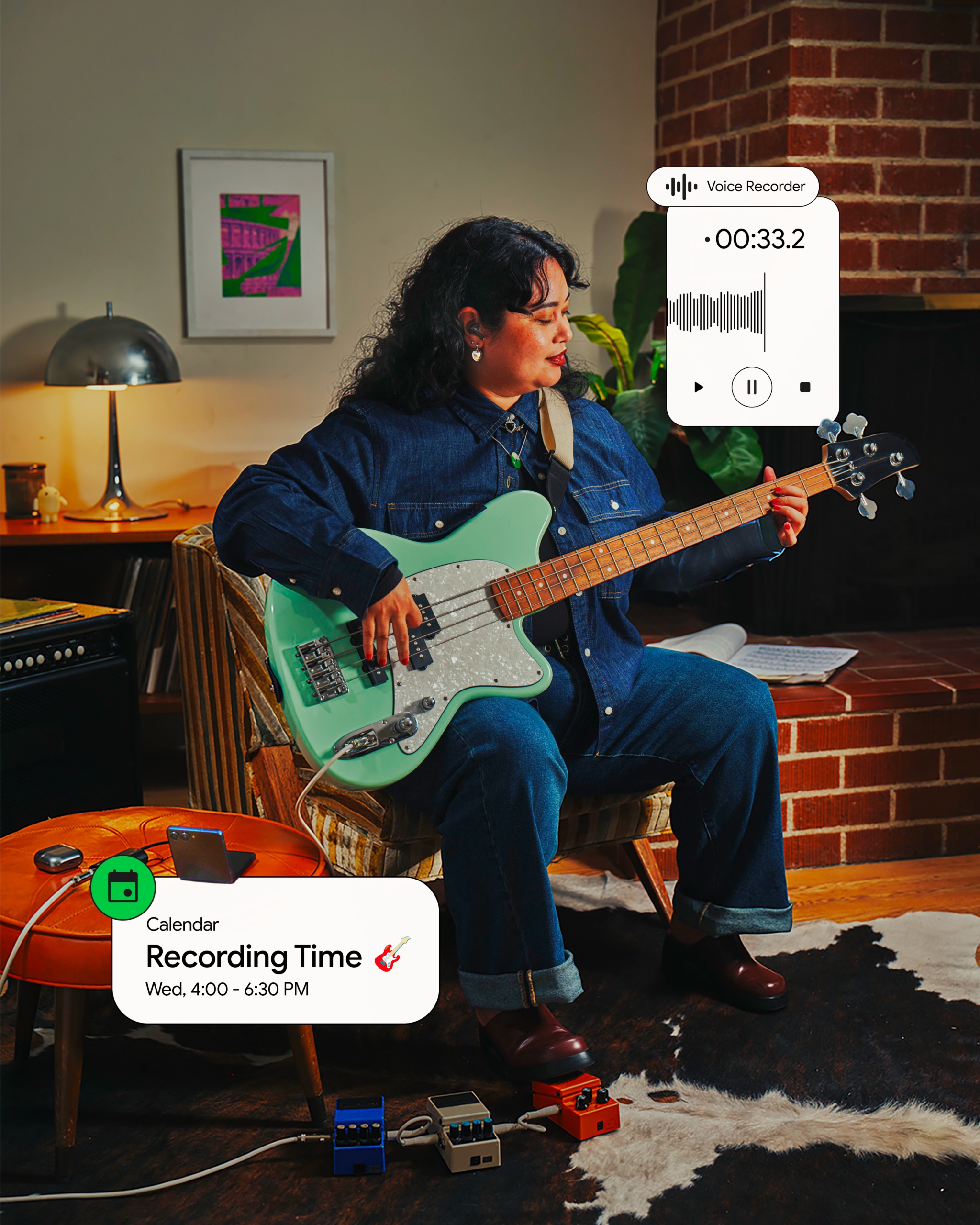 A musician playing bass with Android voice recorder and calendar features on screen.