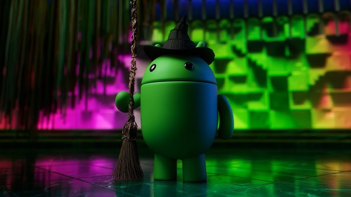 Elphabot holding a broom in a colorful Wicked-inspired setting